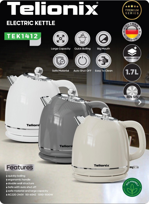 کتری برقی تلیونیکس مدل TEK1412 ظرفیت ۱.۷ لیتر بدنه دولایه جوشآوری سریع
